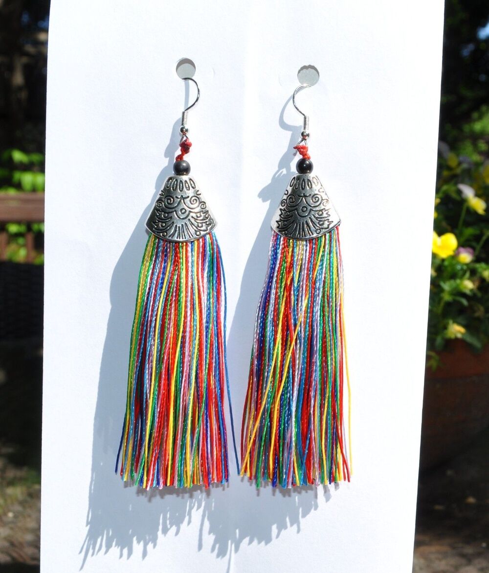 Silver Hook Rainbow Boho Gypsy earrings with tassel fringe